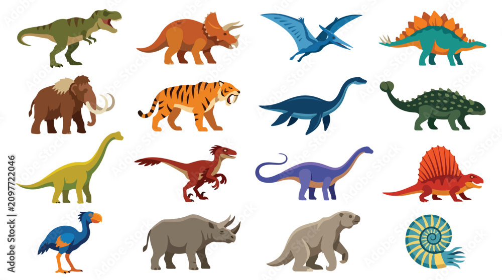 Fototapeta premium Prehistoric creatures and dinosaurs bundle clipart. Ancient wild fauna flat style icons. Ice age giant animals set.