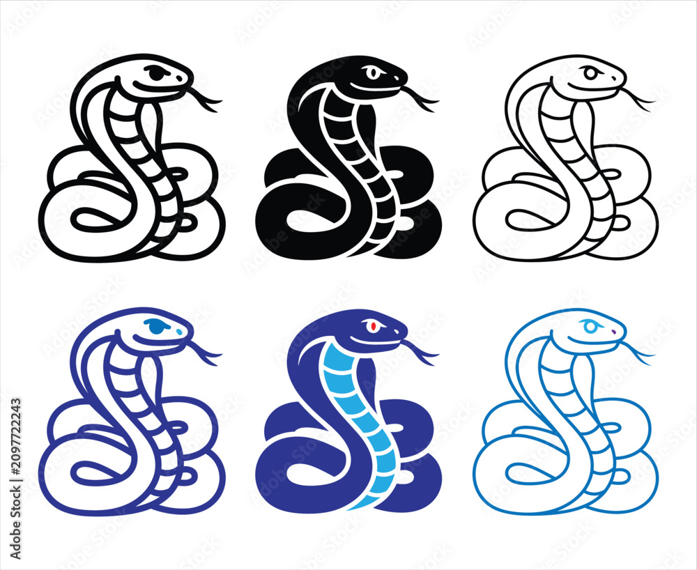 Fototapeta premium Cobra snake icon set with aggressive pose design in multiple art styles isolated on white background.