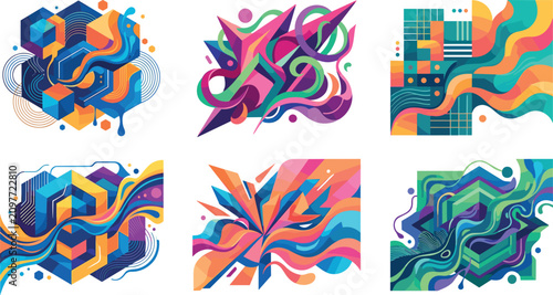 Cuadro en lienzo Abstract Geometric Vector Shapes Set with Colorful Wavy Lines, Vibrant Polygonal