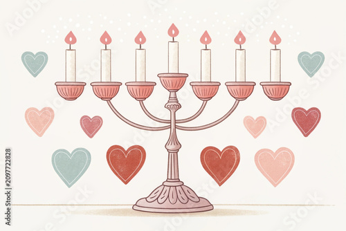 Menorah, heart shaped candles, Valentine's Day, Jewish holiday, pink vector illustration