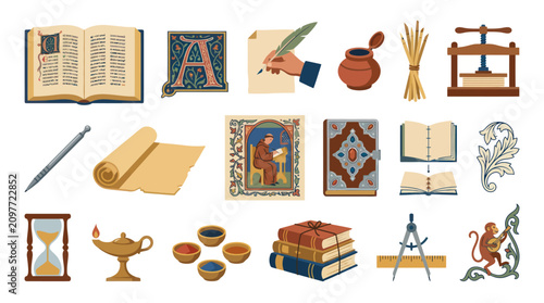 Flat Vector Icons: Medieval History, Literature, Publishing. Ancient Books, Scribes, Writing  Printing Tools