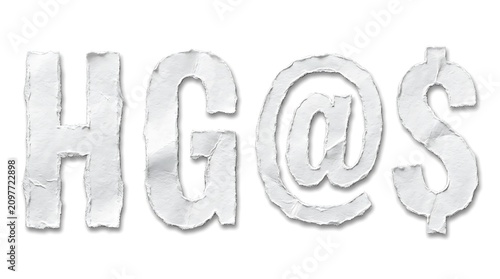 Letters h g at sign and dollar sign text made of ripped paper with typography currency business background communication creative character graphics alphabet abstract material paperwork