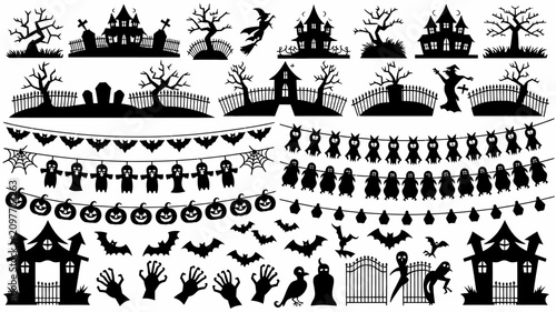 Halloween Set of black halloween silhouettes featuring haunted houses trees ghosts bats and pumpkins for spooky holiday design projects