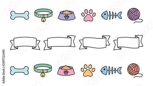 Fotografie Pet Accessories and Ribbons: A collection of cute, cartoonish pet-related icons including a bone, collar with bell, food bowl, paw print, fish skeleton, and a ball of yarn