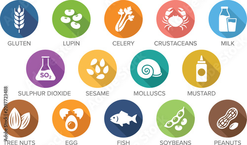 Tableau sur toile Food allergen icons, healthcare dietary information signs, colorful flat round s