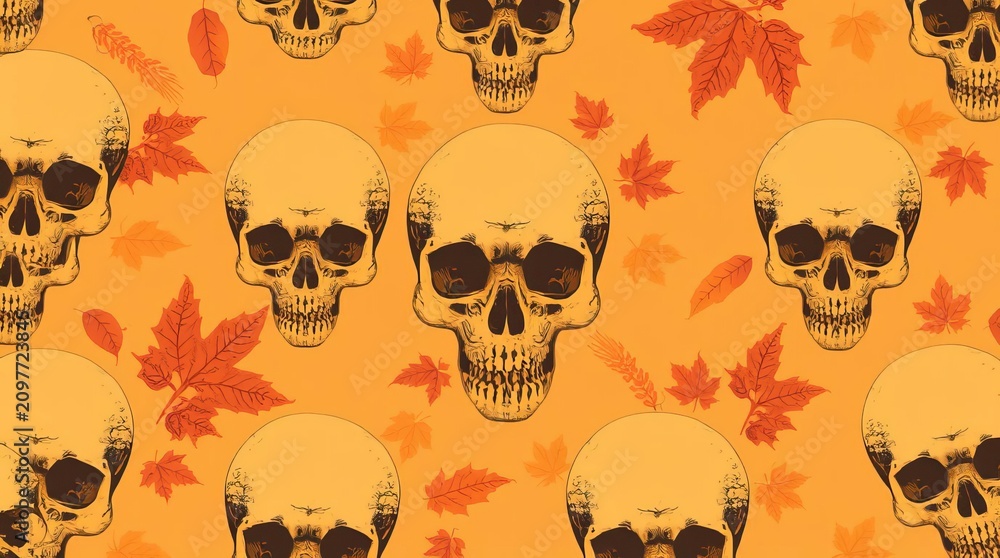 Fototapeta premium Skulls and autumn leaves pattern design.