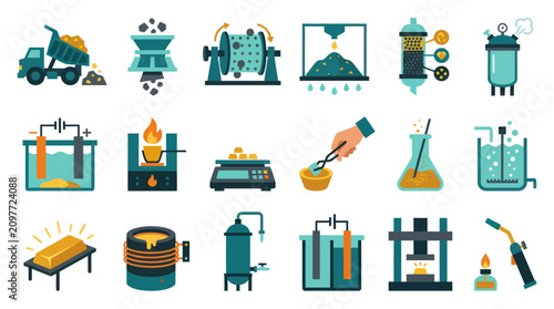 Industrial Metal Extraction And Refining Equipment Flat Icons