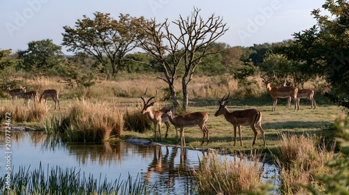 A herd of antelopes gathers around a calm waterhole under bright sunlight with scattered trees and tall grasses