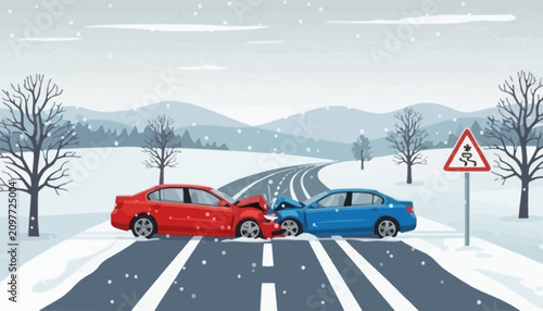 Vector Illustration of a Car Accident Collision on a Slippery Snowy Winter Road with Safety Warning Sign