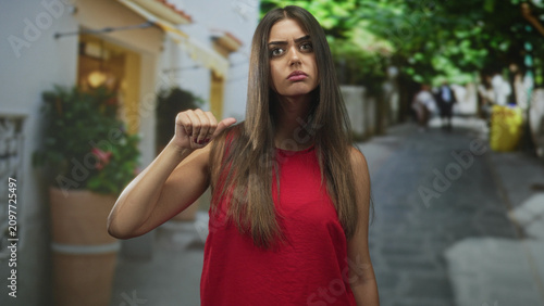 Картината върху платно Woman points finger at camera on narrow street in red dress with long hair and direct gaze; accusation confrontation