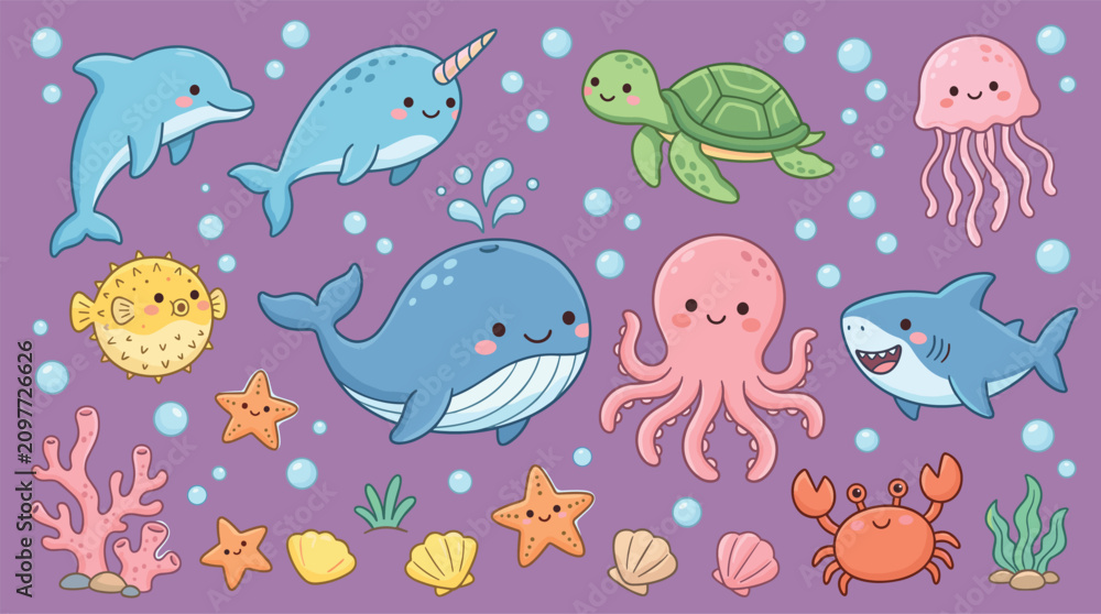 Obraz premium Cute cartoon sea animals vector element sticker sheet featuring whale dolphin narwhal shark octopus jellyfish turtle crab pufferfish and coral reef details