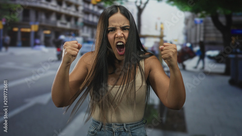 Konstfotografi Young woman with clenched fists and a scowling face yelling with raised shoulders on a crowded street, tanktop and long hair visible; anger confrontation