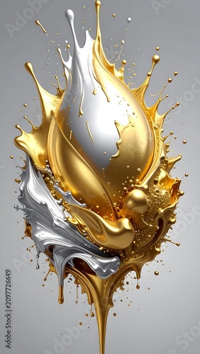 A dynamic splash of metallic liquid in shades of gold and silver