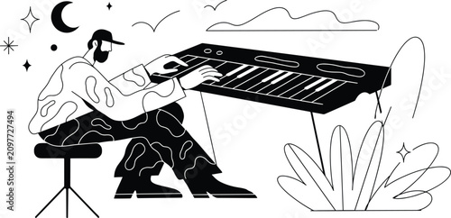 Canvas Print Musician Playing Piano Keyboard Night Scene Line Art Illustration with Moon Star