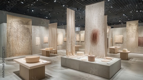 Artsy exhibition room with textiles and crafts