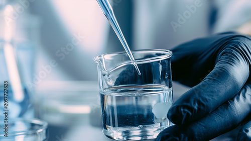 Gloved hands testing water quality using a pipette and glass container, scientific laboratory analysis of harmful contaminants including PFAS, lead, mercury and cadmium, environmen