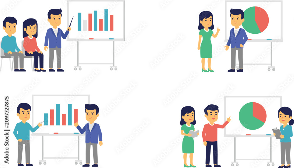 Fototapeta premium Business Presentation and Financial Analytics Meeting Icon Set Featuring Office Workers Explaining Corporate Sales Growth Charts on Whiteboards