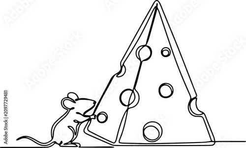 Continuous line of a small mouse standing next to a wedge of swiss cheese