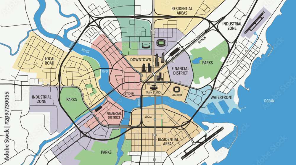 Obraz premium A colorful vector illustration of a modern city master plan map with various urban zones.