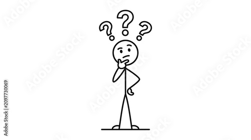 Bild auf Leinwand Stick figure character thinking with question marks floating above his head