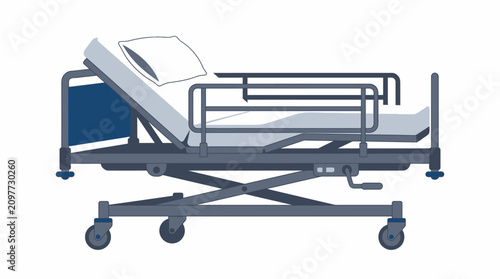 A flat vector illustration of a modern adjustable hospital bed with wheels.