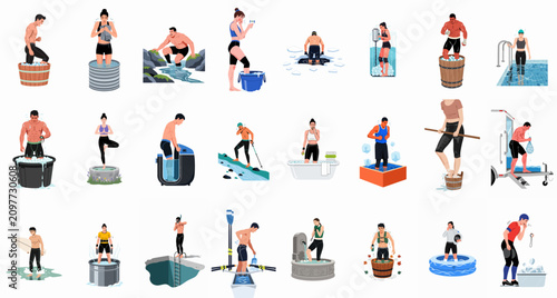 Foto Flat vector set of diverse people undergoing cold water therapy, ice bath plunges, and cryotherapy in various environments for sports recovery and wellness