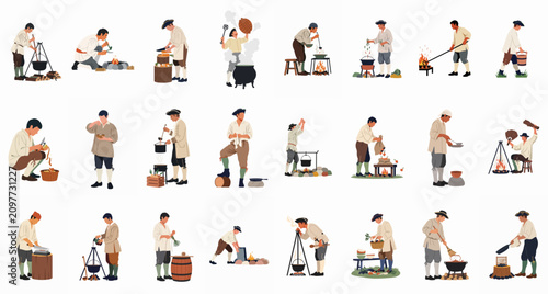 Konstfotografi A collection of colonial men in historical dress performing various traditional outdoor cooking and food preparation tasks over open fires