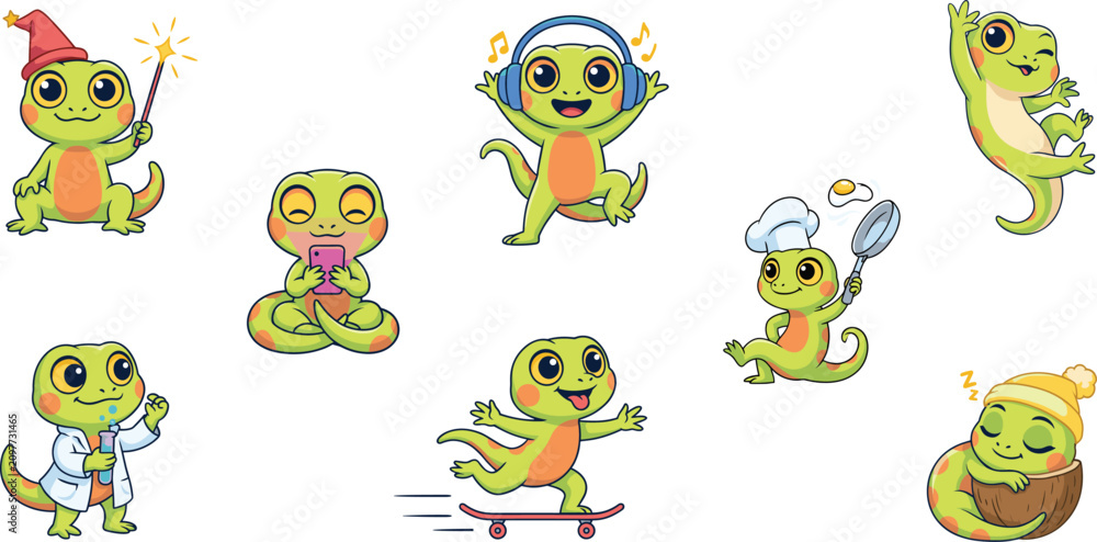 Fototapeta premium Cute Lizard Gecko Cartoon Character Mascot Set with Various Activities Poses and Hobbies Including Skating Cooking Listening to Music and Science Experiments Vector