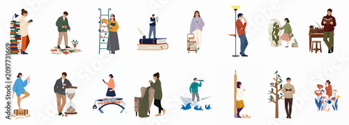 Bild auf Leinwand Collection of whimsical and surreal illustrations showing diverse people reading, studying, and exploring the world of books and knowledge