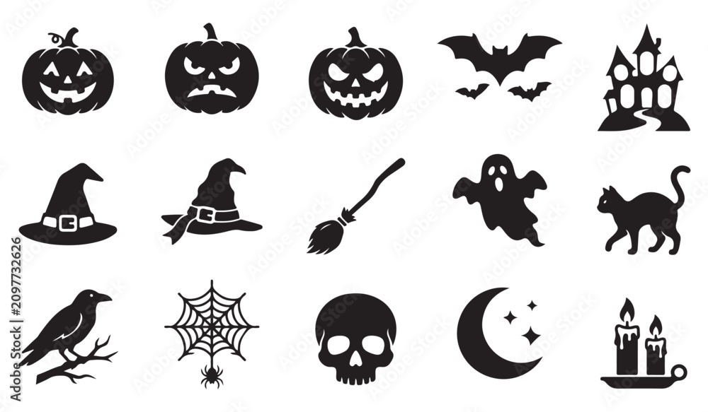 Fototapeta premium Halloween Silhouette Icon Set with Pumpkin Ghost Bat and Haunted House Vector