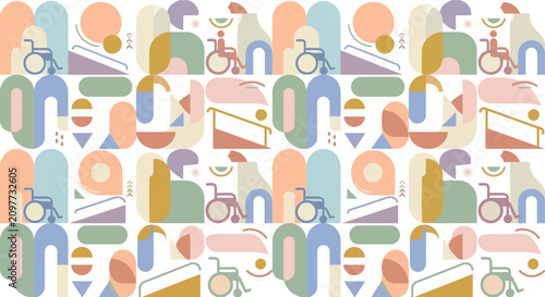 Seamless pattern with abstract shapes, wheelchairs, and ramps for accessibility and inclusion.
