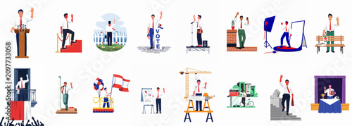 Obraz na płótnie Vector Illustrations of a Male Political Candidate Engaging in Various Campaign Activities, Speeches, and Public Appearances for a Successful Election Campaign