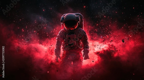 Astronaut in fiery nebula, dramatic space image