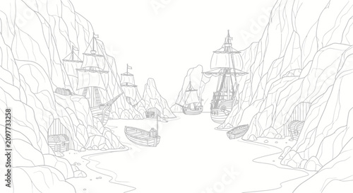 Fotografi Pirate hideout illustration with sailing ships and treasure chest