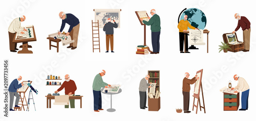 Canvastavla Set of illustrations depicting an elderly cartographer and geographer studying, drawing, and researching various maps, globes, and historical documents