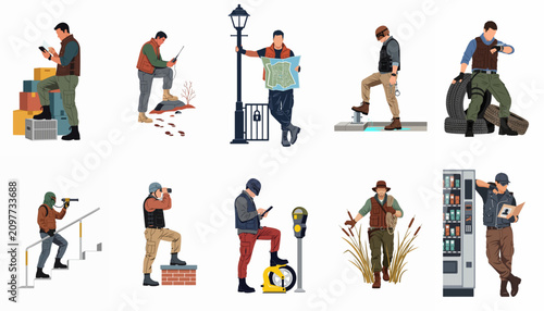 Foto Collection of tactical male characters in various poses and situations using equipment like maps, radios, binoculars, and tools for missions or outdoor adventures