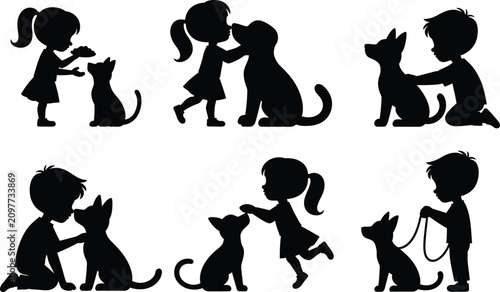 Photos Children and cats silhouette collection affectionate moments with feline compani