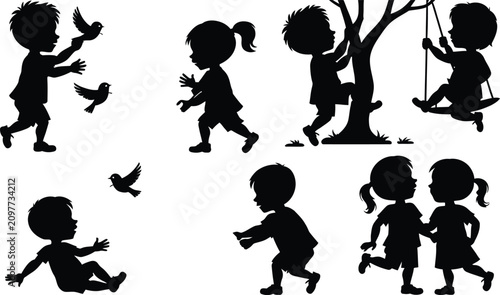 Tableau sur toile Children silhouette collection playful kids engaging in outdoor activities vecto