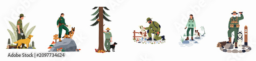 Tableau sur toile Flat vector illustrations of park rangers and forest search and rescue teams with their service dogs in various outdoor environments