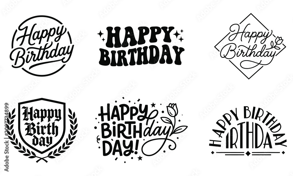 Obraz premium Six elegant hand lettered 'happy birthday' calligraphy designs for celebrations and greetings