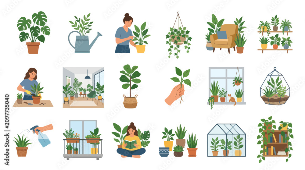 Fototapeta premium Flat Illustration of Home Gardening, Houseplants, and Nature Elements