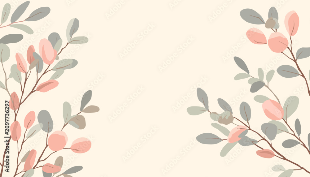 Obraz premium Branches decorated with soft pink and grey leaves create an elegant border on a light beige backdrop.