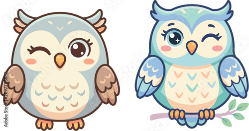 Adorable cartoon owls set cute teal and lavender characters for children's illustration and design projects