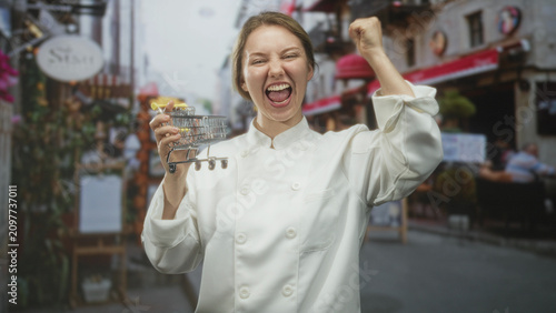 Fotografie Woman chef in white uniform holds miniature shoppingcart and pumps fist on street; triumph success achievement