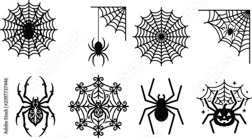 Halloween spiderweb and spider collection black and white vector graphics for spooky season designs
