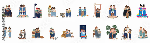 Foto Large set of flat vector illustrations featuring young siblings and friends exploring childhood memories through photo albums, capturing heartwarming moments of connection and play