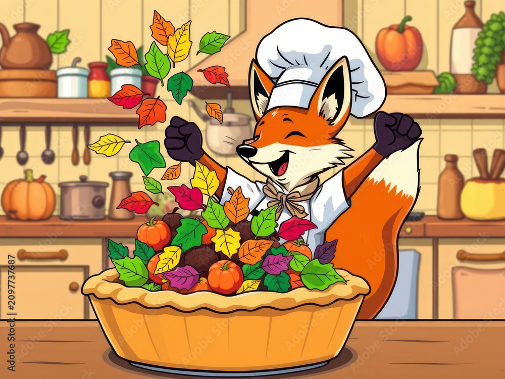 Fototapeta premium Happy fox chef celebrating thanksgiving with a colorful autumn pie