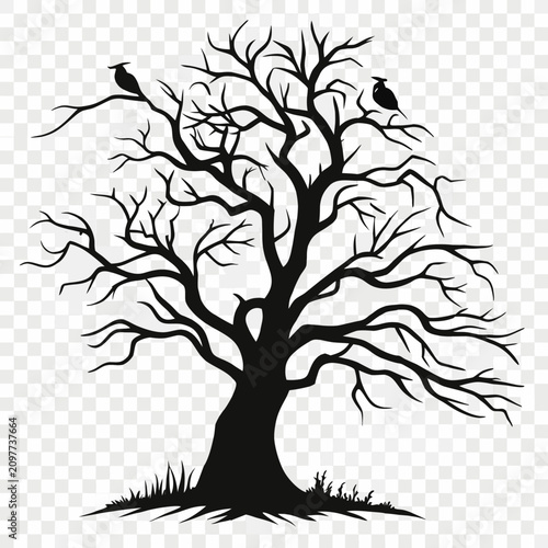 Cuadro en lienzo Black Silhouette of Bare Gnarled Tree with Two Birds Perched on Branches and Gra