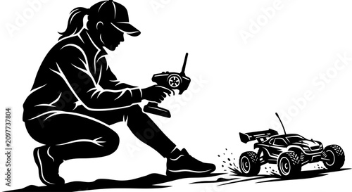 Woman controlling remote control car, hobby, outdoor activity, action, vector silhouette
