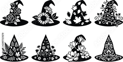Eight black silhouette witch hats decorated with diverse floral and leaf arrangements for halloween designs